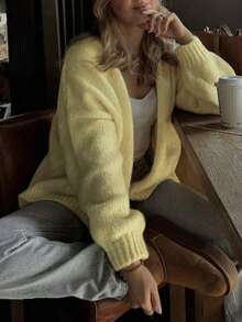 SEREN Autumn And Winter New Cream Yellow Fashionable Knitted Cardigan Women's Simple And Fashionable Sweater Jacket Top - Yellow - View 1