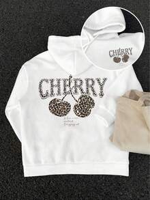 Sudadera con capucha casual para mujer de uso diario con estampado de leopardo y patrón de cerezas de dibujos animados con cordón, versátil en blanco - Blanco - Ver 1