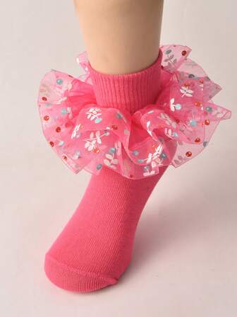 1 Pair Girls' Ruffle Floral Decorated Socks, For Everyday Wear