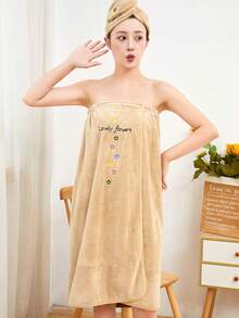 女士两件套露肩字母优雅简约休闲泳衣带帽夏季婚礼家居浴室装饰返校 - 咖色繡花浴裙浴帽兩件套 - 查看 9