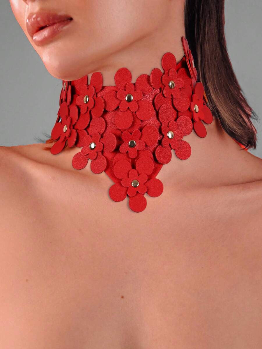 1件PU皮革花朵造型颈链，可调节颈圈，适合女性、女孩、派对、角色扮演、情人节礼物 - 紅色 - 查看 1