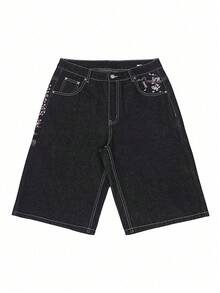 Men Six-Point Shorts Retro Cherry Blossom Embroidered Loose Wide-Leg Denim Jeans With Fake Pockets In Back - Black - View 7