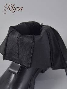 Fall/Winter 2025 Perfect With Jeans Women's Black Zip Back Thermal Lined Chelsea Boots, Elegant Round Toe Middle Heel Mid Calf Boots, Match With Jeans - Black - View 4