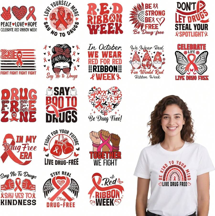 Breast Cancer Awareness Iron On Transfers - 20Pcs Falueqg Dtf Transfers Ready To Press, Football Games Pink Ribbon Breast Cancer Awareness Month Iron On Decals Patches Stickers For DIY Cheer Tshirts - 20pcs Red Ribbon - View 1