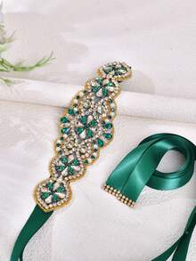 1pc Luxury Green Crystal Bridal Sash, Handmade Diamond Wedding Dress Accessory, Suitable For Weddings, Birthday Parties, Banquets, Festivals And Daily Wear - A - View 3