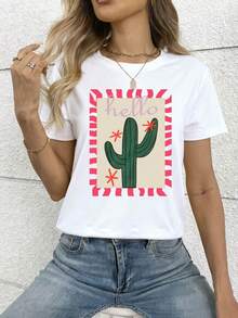仙人掌花卉图案返校可爱女式上衣复古 T 恤，加大码 T 恤 - 女式休闲圆领短袖图案 T 恤，女式秋季服装