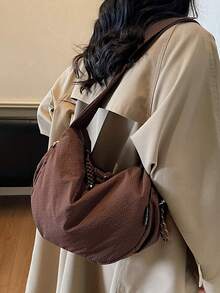 1个复古日系轻便大容量迷你格子布新月形包，简约休闲可折叠多口袋拉链斜挎包，适合休闲、通勤、运动、上学、街头穿着 - 咖啡 - 查看 7