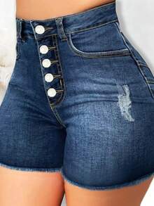 Casual Street Style Washed Frayed Edge Multi-Button Denim Shorts - Navy Blue - View 2