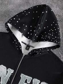 Manfinity Streetrush Men's Letter Print Long Sleeve Zip Front Hoodie And Sweatpants Casual Tracksuit Set Men Streetwear Set Men Graphic Tracksuit Men Black And White Tracksuit Zip Up Hoodie And Jogger Set Men 2 Pieces Set,Fall Clothes - 黑色 - 查看 4