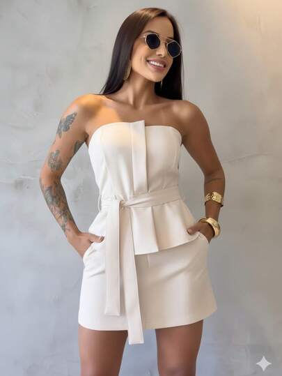 Conjunto Feminino Verão 2026 Casual Chique - Top Faixa com Peplum e Saia Curta Social Alfaiataria