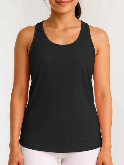 Women's Casual Tank Top, Sleeveless Solid Color Shirt, Suitable For Gym, Outdoor Sports, Spring/Summer Black
