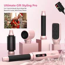 ATOPSKINS 2026升级版五合一吹风梳套装 | 增强风力 + 200M负离子 | LED温度显示 + 3档温度设置 | 直发/卷发/柔顺/干发 | 5个可互换配件，可拆卸自动卷发器 | 完美的圣诞礼物和旅行必备品（粉金） - 美規A型插(110-127V) - 查看 3