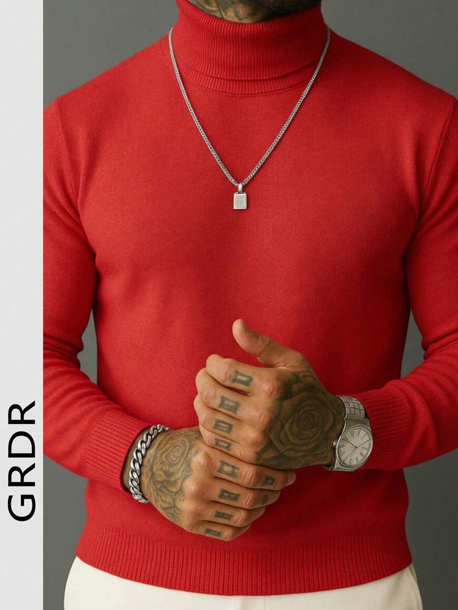 GRDR Men's Crew Neck Long Sleeve Sweater, Versatile Everyday Wear Knitted Pullover - Red - View 1