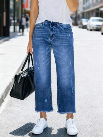 Comfortable Loose Fit Stretchy Distressed Washed Blue Frayed Hem Straight Leg Jeans For Women, Street Style
