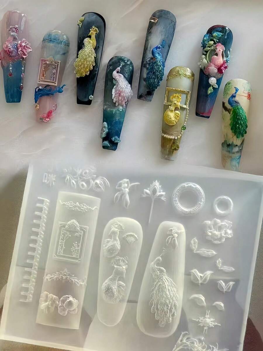 1pc Peacock Frame Leaf Pattern 3D Nail Art Mold, Transparent Silicone Nail Decoration Mold - Clear - View 1