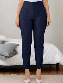 Women's Solid Color Slim Fit Casual/Work Pants - Navy Blue - View 6