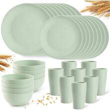 Plastic Plates And Bowls Sets, Dishwasher And Microwave , Reusable, Lightweight Unbreakable Dinnerware Sets 8, 32 Pcs - Kitchen, Camping, Outdoor, RV - Wheat Straw Look - Green2 - View 6