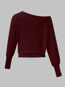 Women's Solid Off Shoulder Knit Blouse, Fall Winter Slim Cropped Sweater - Burgundy - View 8