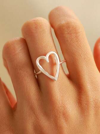 1pc Sterling 925 Silver Fashionable Elegant Cute Hollow Heart Minimalist Opened Adjustable Finger Ring For Women Daily Wears Friendship Birthday Valentine's Day Jewelry Gift