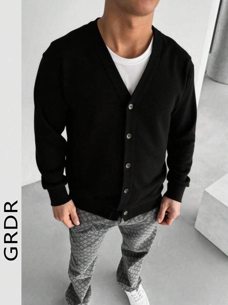 GRDR Men's Solid Color V-Neck Long Sleeve Casual Knit Cardigan - Black - View 1