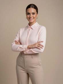 Women's Dress Shirt With Rhinestone Collar | Long-Sleeved Blouse In Plain Fabric With Rhinestone-Decorated Collar - Rose - View 9
