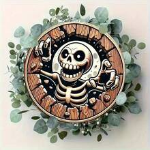 2D Flat Surface, 8inch Bohemian Gothic Style Round Wooden Wall Decoration - 2D Flat Skull And Skeleton Hand Design With Smiling Skull And Broken Moon Face - Black Gold Retro Artificial Wood Board - Pre-Drilled Easy Hanging - Lightweight, 2D Flat Surface, Party Decoration, Dark Decoration, Retro Aesthetics, Lightweight Decoration, Durable Material, Gothic Artwork, Gothic Enthusiasts, Halloween Enthusiasts - 8*8 Inches - View 5