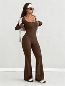 AITYI Studio 女士连体裤，修身剪裁，休闲U领纯色设计，时尚性感舒适修身，适合户外、街头、通勤、运动、百搭、毕业典礼、新年、情人节、秋冬季等场合穿着，弹力针织长袖喇叭裤腿连体裤 - 棕色 - 查看 7