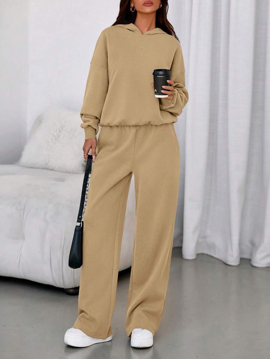 Womens Sweatsuits 2 Piece Set Casual Winter Long Sleeve Hoodie Loose Wide Leg Sweatpants Fall Tracksuit - Màu Khaki - Xem 1