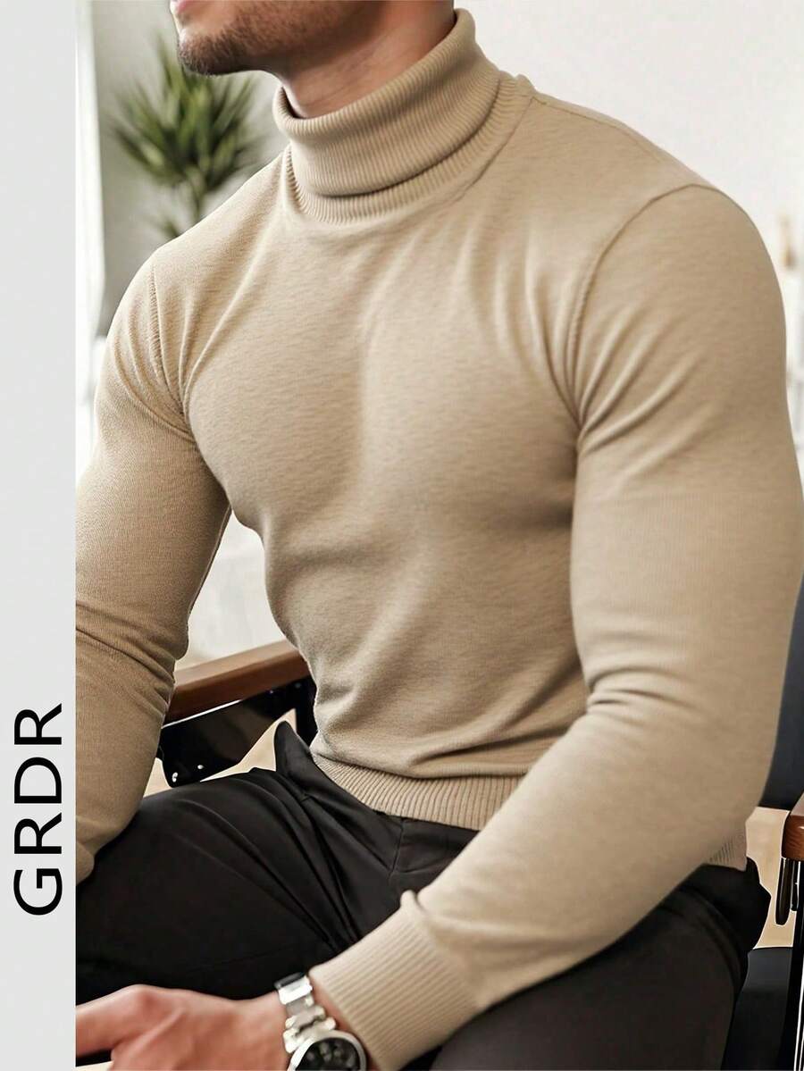 GRDR Men's Regular Shoulder Long Sleeve High Neck Sweater, Versatile For Daily Wear Knitted Pullover