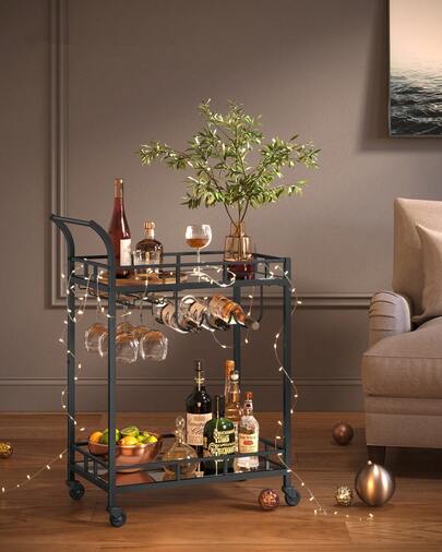Drinks Trolley, Bar Cart, Serving Trolley With 2 Mirrored Shelves, Wine Holders, Glass Holders, For Home Bar, Kitchen, Dining Room, Black