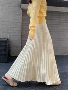 Versatile High Waist Pleated A-Line Skirt, Casual Flared Long Skirt, Autumn/Winter 2025 New Arrival - Apricot - View 5