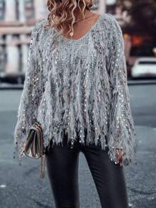 Áo len dệt kim tua rua đính sequin sang trọng cỡ lớn thời trang thu đông cho nữ - Áo dự tiệc cổ chữ V | Phong cách dạ hội quyến rũ Euro Chic - Xám - Xem 1