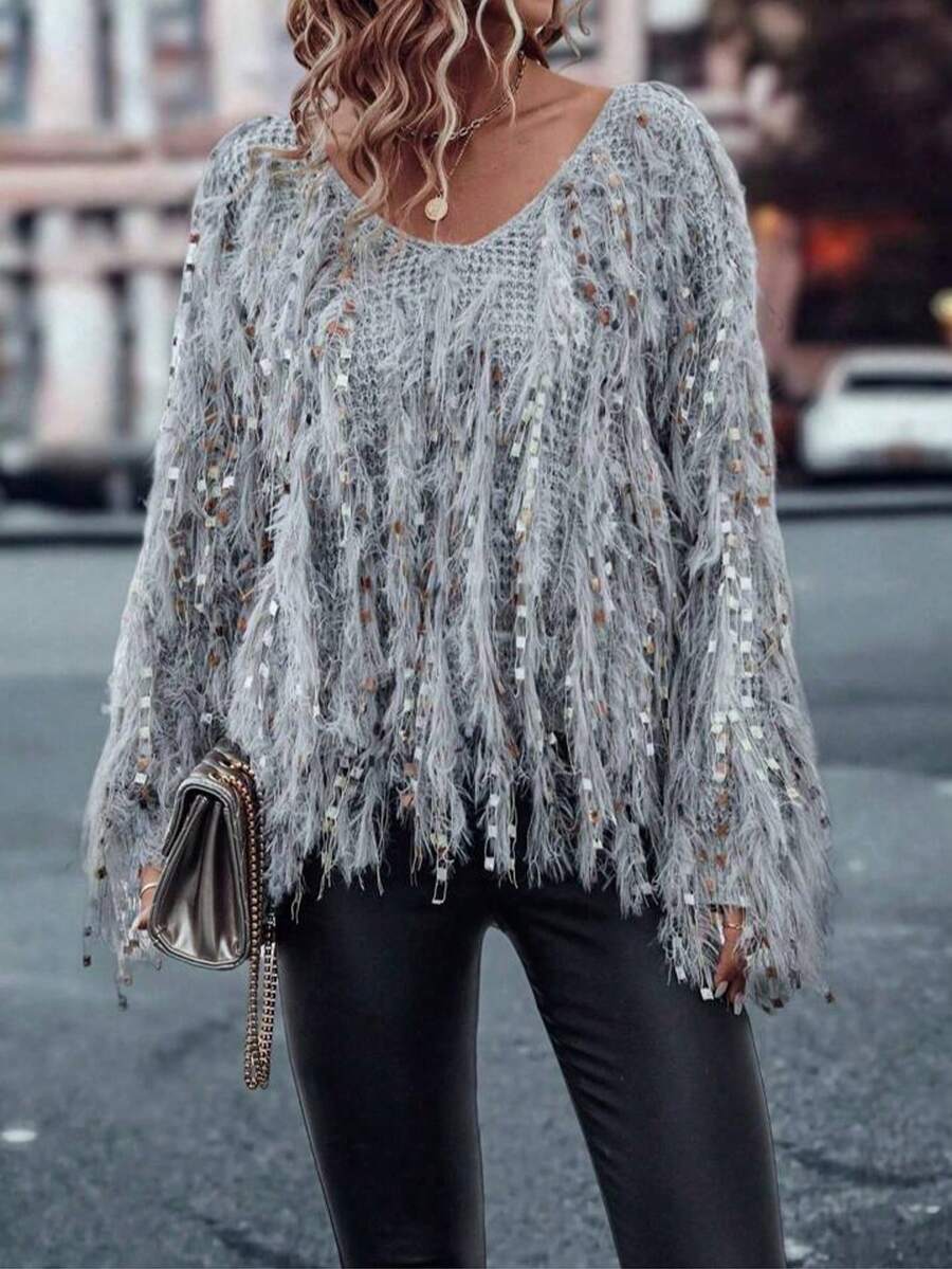 Áo len dệt kim tua rua đính sequin sang trọng cỡ lớn thời trang thu đông cho nữ - Áo dự tiệc cổ chữ V | Phong cách dạ hội quyến rũ Euro Chic - Xám - Xem 1