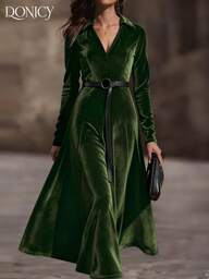 DONICY Vestido Longo de Veludo com Decote em V e Cinto na Cintura, Vestido Longo Verde Vintage Elegante e de Luxo, Adequado para Casual, Negócios, Formal, Encontro, Festa, Convidado, Ano Novo