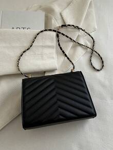 Women's Solid Color Pearl Chain New Niche Design Influencer Fashion Chain Shoulder Crossbody Bag, Ins Versatile Small Square Bag, High Gloss Embossed Solid Color Mini Chain Shoulder Bag - Black - View 9