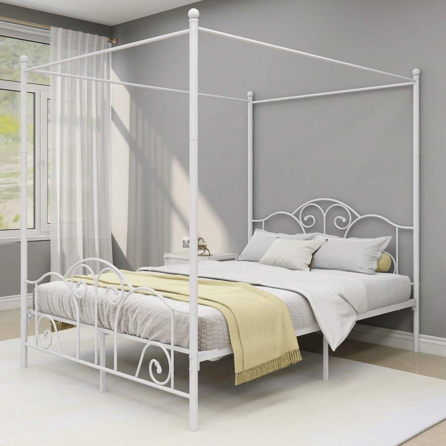 Metal  Four-Poster Canopy Bed Frame With Headboard And Footboard Sturdy Slatted Structure No Box Spring Needed - 白色 - 查看 1