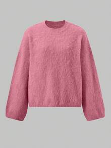 Suéter de punto esponjoso de cuello redondo liso para mujer, top holgado y acogedor para otoño e invierno - Rosa - Ver 6