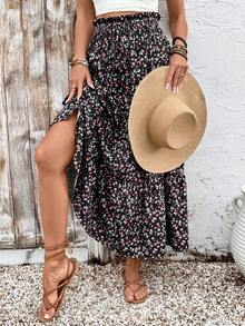 Falda maxi de cintura alta con volantes y estampado floral negro tipo ditsy, falda de verano bohemia y fluida para vacaciones - Negro - Ver 2