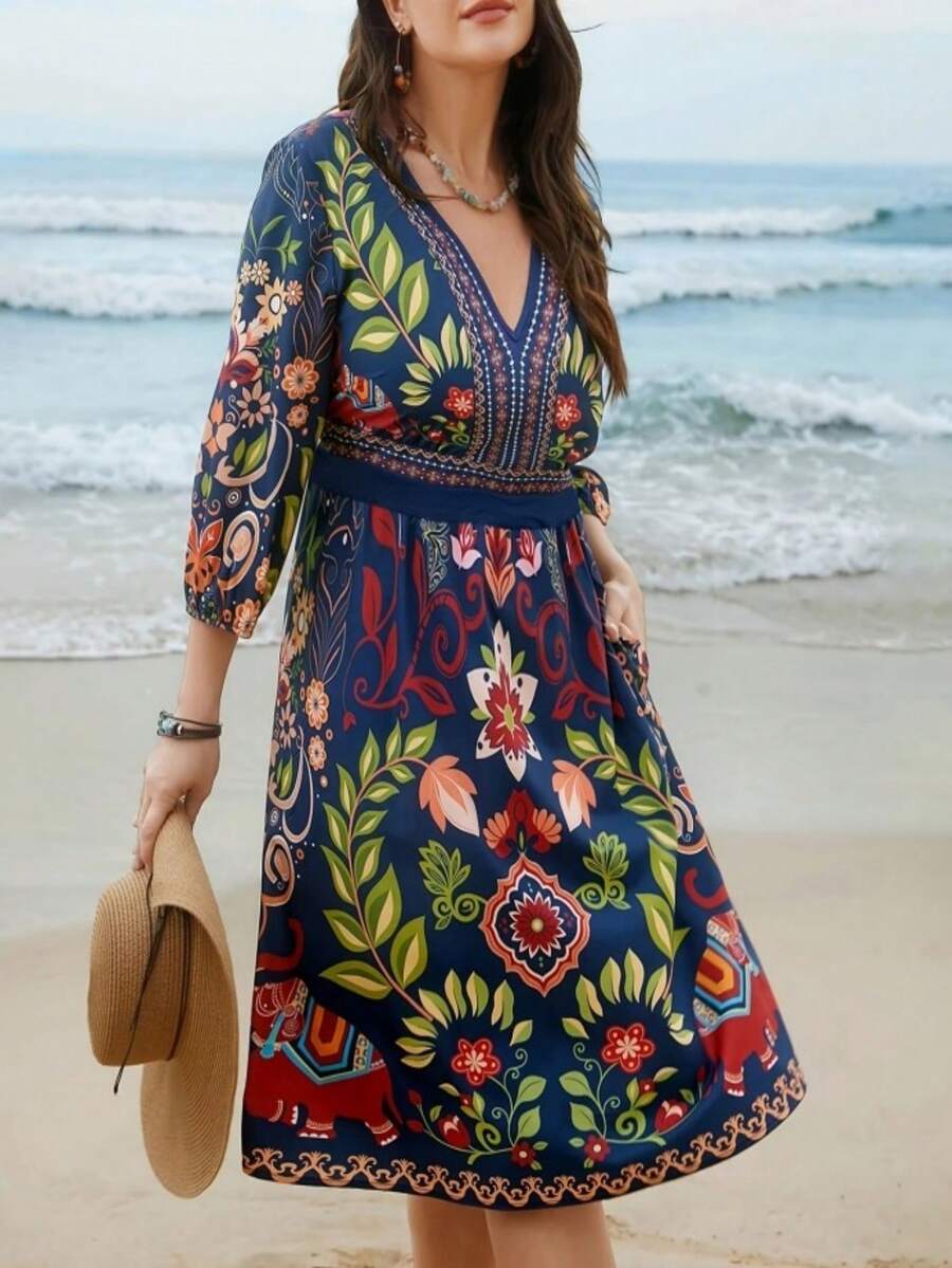 Plus Size Boho Print V Neck Midi Dress With Three Quarter Kimono Sleeves A Line Flared Hem For Summer Vacation Spring Elegant