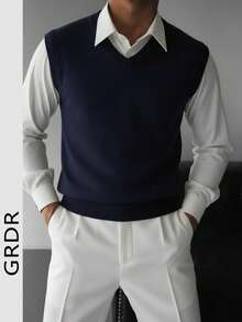 GRDR Men's Solid V-Neck Casual Versatile Knitted Vest
