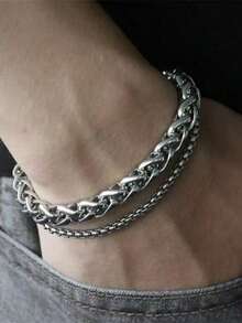 1pc Titanium Steel Double Layer Bracelet, Unisex Hip Hop Style Fashion Accessory Jewelry - Silver - View 1