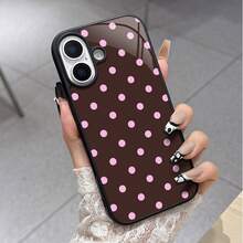 Brown Base Pink Polka Dot Glossy Phone Case Compatible With IPhone 11/11 Pro/11 Pro Max, 12/12 Pro/12 Pro Max, 13/13 Pro/13 Pro Max, 14/14 Pro/14 Pro Max, 15/15 Pro/15 Pro Max, 16/16 Pro/16 Pro Max, 17/17 Pro/17 Pro Max And Galaxy S21/S21+/S21 Ultra, Galaxy S22/S22+/S22 Ultra, Galaxy S23/S23+/S23 Ultra, Galaxy S24/S24+/S24 Ultra And Other Popular Models. The Pattern Features A Brown Base With Pink Polka Dot Elements, Made Of Glossy Material. - Black - View 3