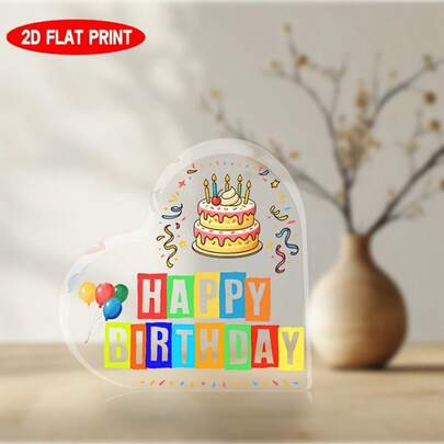 1pc 10cm Acrylic Birthday Party Decor, Colorful Cake & Balloon Pattern With "Happy Birthday" Text, Suitable For Home, Office Or Party Decoration. Party Decor | Celebration Theme Design | Vibrant Printed Quality. Birthday Party Decoration.