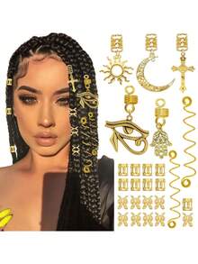 37PCS Gold Hair Jewelry For Braids Loc Jewelry Cross Braid Clips Multi Style Loc Dreadlock Beads Sprial Hair Decoration Metal Hair Cuffs Rings Braid Accessories For Women And Men, Claw Clips, Hair Slide, Hair Barrettes, Hair Accessories - Gold - View 1