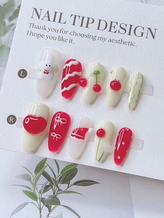 10 piezas Conjunto de uñas de almendra con estilo Y2K - Hechas a mano, uñas navideñas, uñas blancas, uñas rojas, diseño 3D de muñeco de nieve, cereza y manzana, decoración 3D de reno y gorro navideño