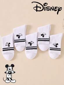 Disney 1双/5双/10双装 女士中筒袜 - 米奇图案，情侣中筒袜，双条纹运动中筒袜，百搭款式，适合日常穿着和作为节日礼物 - 彩色 - 查看 3