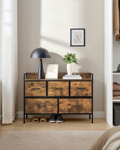 Chest Of Drawers For Bedroom, 5 Fabric Drawers With Handles, Storage Organiser Unit, For Living Room, Hallway, Steel Frame, Rustic Brown And Ink Black