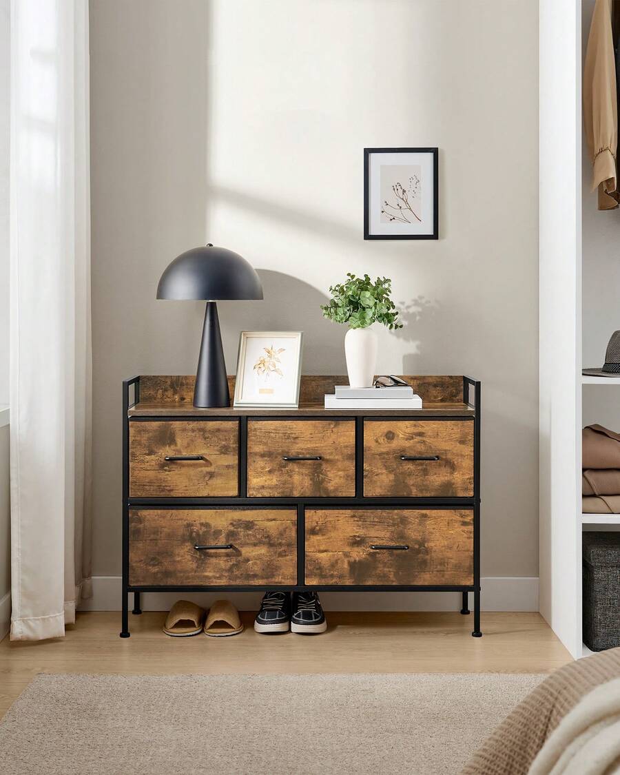 Chest Of Drawers For Bedroom, 5 Fabric Drawers With Handles, Storage Organiser Unit, For Living Room, Hallway, Steel Frame, Rustic Brown And Ink Black - Brown - View 1