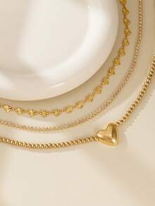 Set de 3 collares elegantes con decoración de corazón, cuentas doradas de CCB y multicapa, collar de cadena con strass adecuado para uso diario, citas, fiestas y regalos de vacaciones para mujeres - Amarillo Oro - Ver 5