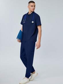 cimmuovere Parte superior de pijama médico de manga corta con múltiples bolsillos de unicolor para hombres, uniforme médico, uniforme de enfermería, uniforme de dentista, uniforme de hospital veterinario, uniforme de laboratorio - Azul Marino - Ver 9